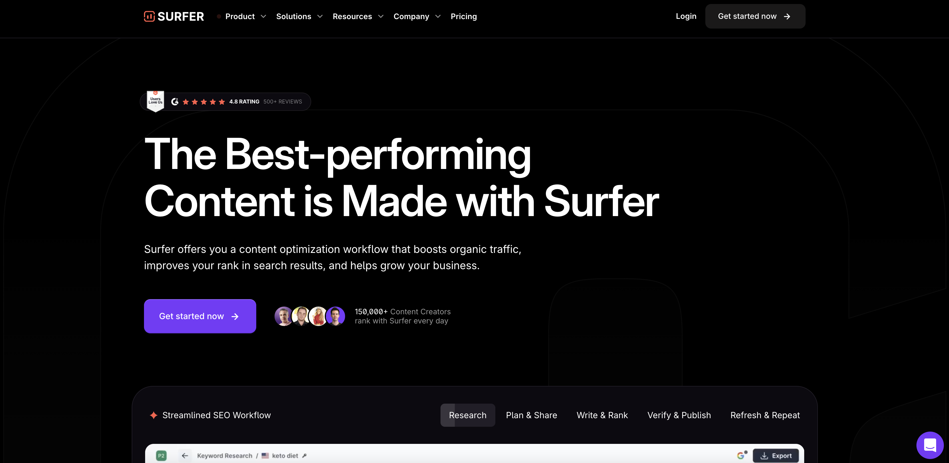 Smodin’s screenshot of the SurferSEO homepage. 